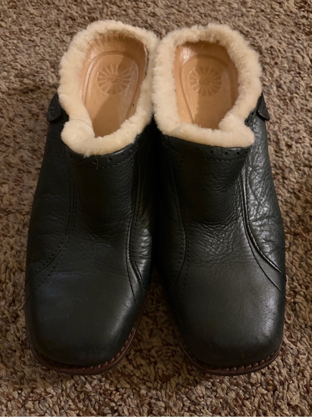 UGG Women’s Langford Black Leather Shearling-Lined Clog Mules size 6 1/2